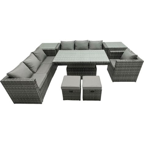 Fimous Rattan Dining Table Sofa Set with Armchair 2 Small Stools Outdoor 9 Seat Garden Furniture Set Dark Grey Mixed (1/5)