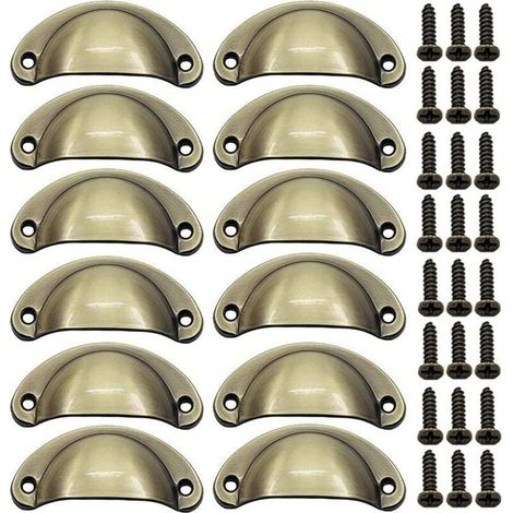 12 Poignées Coquille Bronze 82mm Vintage avec Vis (1/4)