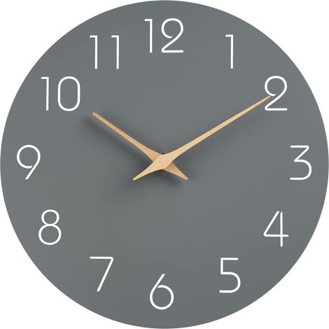 Horloge murale silencieuse et sans tic-tac, décorative pour cuisine, chambre à coucher, salle de bain, bureau, salon, fonctionne à piles – 25,4 cm, bois, moderne et simple (gris) (1/5)