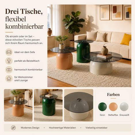 Ensemble de 3 tables rondes en verre trempé et acier brillant, résistantes. Coloris élégants : vert émeraude, latte, gris clair usage polyvalent. (1/4)