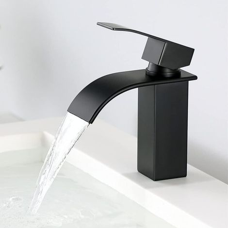Robinet Lavabo Noir-Mitigeur de Salle de Bain-Robinet Cascade pour Vasque Solide-Robinetterie de Super Qualité（Noir） (1/5)