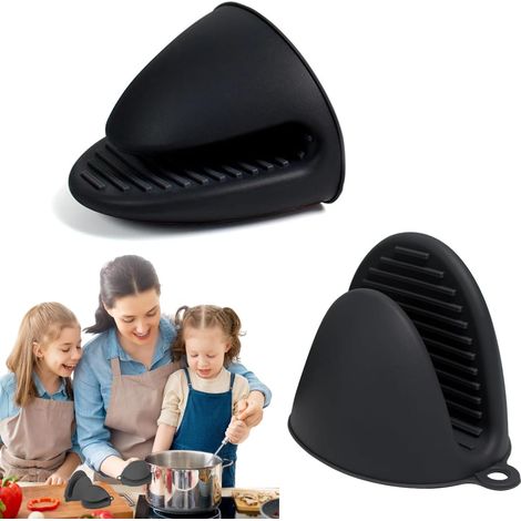 Par de mini manoplas de silicona antideslizantes y resistentes al calor para horno, ideales para cocinar y hacer barbacoas, color negro.