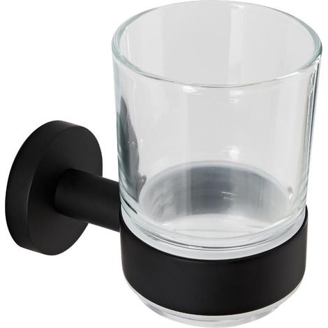 Milano Nero Round Wall Mounted Bathroom Glass Toothbrush Tumbler with Black Holder (1/5)