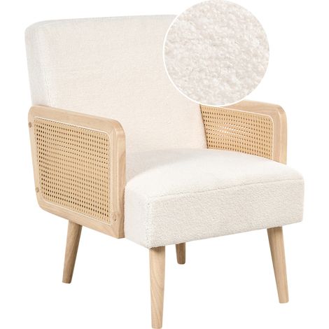 Sillón tapizado en tela bouclé diseño retro reposabrazos de trenza vienesa para sala de estar blanco crema Hojby