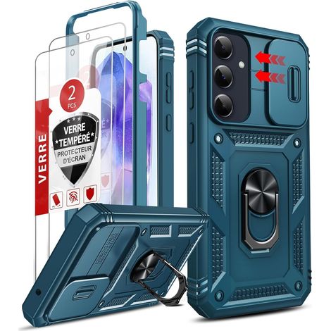 Coque pour Samsung A55 5G avec 2 Verre Trempé+ Anneau-Support, Bleu (1/5)