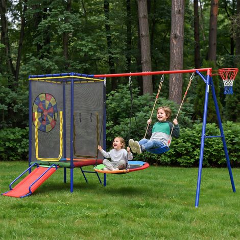 Área de juegos al aire libre 5 en 1 con cama elástica, tobogán, columpio doble, canasta de baloncesto y colorida estructura de hierro (1/5)
