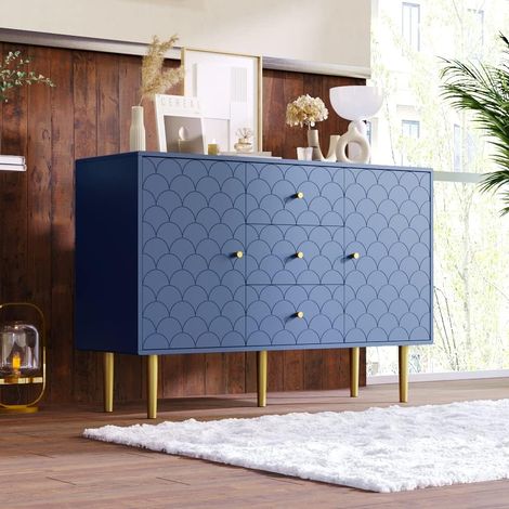 Need – Buffet table console bleu marine 120 x 40 x 82 cm – 2 armoires et 3 tiroirs – Étagère réglable – Matériaux de qualité pour salon et chambre (1/4)