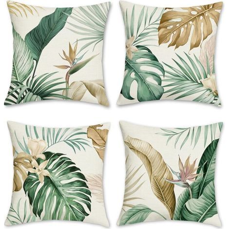 4-teiliges Kissenbezug-Set mit tropischem Blättermuster, 45 x 45 cm, braune und grüne Dekokissenbezüge für Sofa, Zuhause, Garten, Außenbereich, Sommerdekoration (1/5)