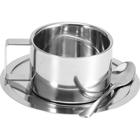 Set da caffè con piattino e cucchiaino, realizzato in acciaio inox termoisolante, ideale per latte macchiato e cappuccino. Set di posate da caffè di alta gamma. (1/5)