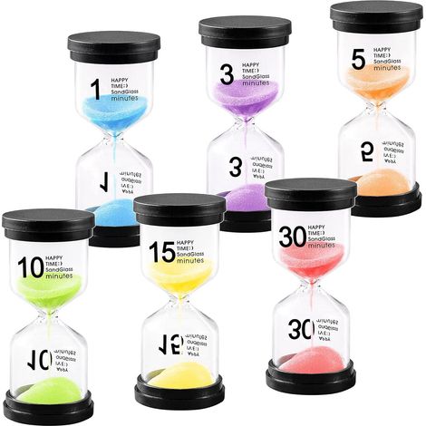 Sabliers x6. Kit de 6 Chronomètres en Verre Transparent Coloré. Sablier 1/3/5/10/15/30 Minutes - Minuteur de Table. Horloge à Sable pour Cuisine. Minuteur de Brossage des Dents (1/5)