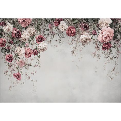 Papier peint intissé fleurs roses sur béton, décoration murale pour salle à manger, salon, cuisine – 400 x 280 cm Wallarena