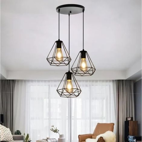 Tempas 3 Lampes Vintage Lustre Suspension Cage forme Diamant en Métal Luminaire Plafonnier E27 pour Couloir Café Salon (1/4)