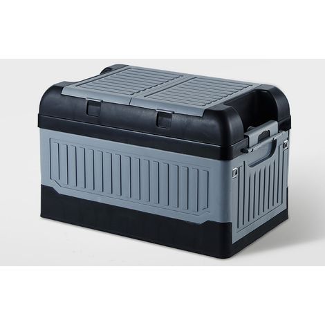 Coffre de rangement auto coffre plastique PP pliable multi compartiments avec sac étanche 47x30x30cm noir gris 2 rabats (1/4)