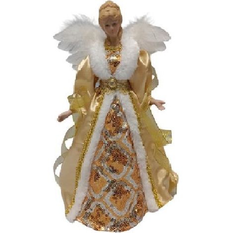 Angelo Decorativo in Tessuto Bianco e oro  puntale per albero di natale h 29   vestito Elegante Pelliccia e Ricami Argentati (1/4)