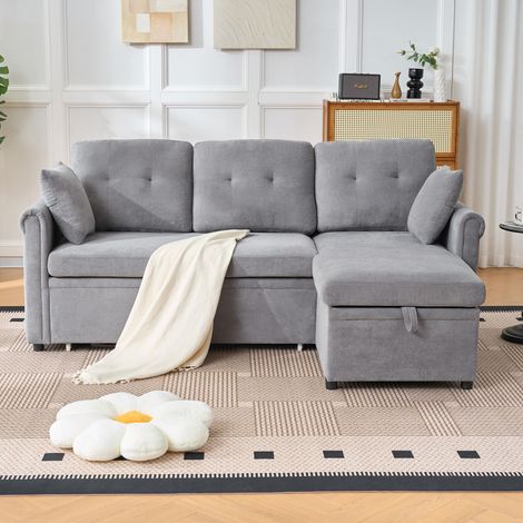 Canapé d'angle convertible 3 places 206x130x85 cm, méridienne réversible, coffre de rangement, couchage 180x124 cm, chenille, gris (1/5)