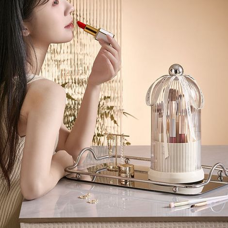 Kosmetikaufbewahrungsbox, drehbare, staubdichte Aufbewahrungsröhre für Make-up-Pinsel, Stiftehalter für den Schreibtisch, Lippenstift- und Lidschattenhalter, milchig-weiß (1/5)