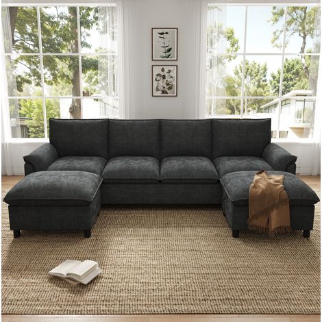 Sofá modular rinconero en U 264.5x142.5x84 cm negro chenilla con 2 reposapiés móviles y almacenamiento (1/5)