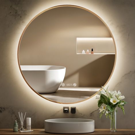 S'AFIELINA Runder Badspiegel LED Badezimmerspiegel mit Beleuchtung,Wandspiegel mit TouchSchalter und Beschlagfrei Taste Neutralweißes Licht,Digitaluhr,IP44 Goldener Metallrahmen 80 cm (1/5)