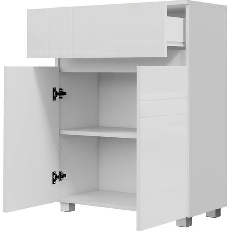 Meuble de rangement pour salle de bain sur pied placard 2 portes 1 tiroir, étagère régable, blanc laqué (1/5)