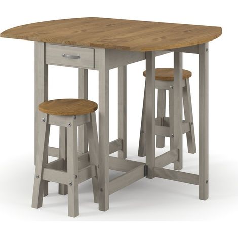 Corona Oval Breakfast Drop Leaf Gateleg Table and 2 Stool Set - Pine - Grey/Antique Waxed Pine - Flat Packed