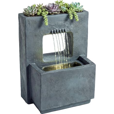 Fontaine de jardin à 2 niveaux avec éclairage LED, jardinière, pompe, aspect pierre, réglable, 45 x 31,5 x 58,5 cm (1/5)