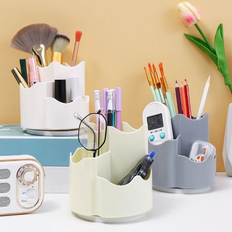 Kreativer und stylischer drehbarer Stiftehalter für Schülerschreibtische, einfacher und individuell gestaltbarer Aufbewahrungseimer mit Kategorien, große Aufbewahrungsbox fürs Büro, weiß. (1/5)