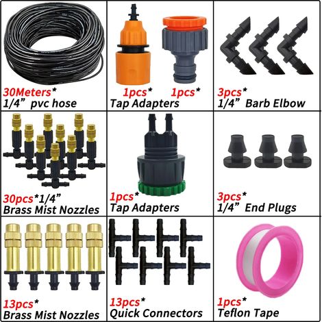 (KIT001--30M) Système de brumisation pour jardin, arrosage goutte à goutte extérieur, buses atomiseur en laiton 1/4'', tuyau 4/7 mm, pour serre ou parasol (1/5)