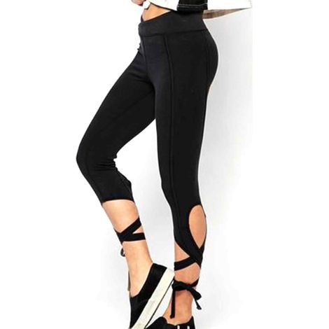 Leggings courts à nouer pour femme, style yoga gym, moulants et enveloppants (Noir L) (1/5)