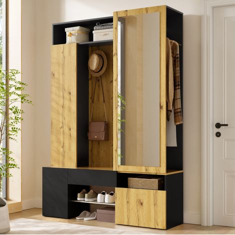 Armoire d’entrée 127x35x180,5 cm MDF noir et naturel, miroir et rangements, gain de place – MEUBLIV (1/5)