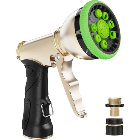 Garden Hose Nozzle Pressure Zinc Alloy 9 Spray Patterns Leakproof Ergonomic Grip Green (1/5)