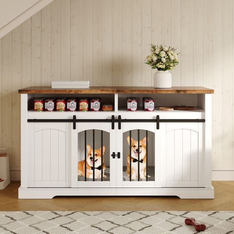 Meuble cage pour chien blanc et brun vintage avec portes coulissantes et cloison amovible, 153x60x85 cm (1/5)