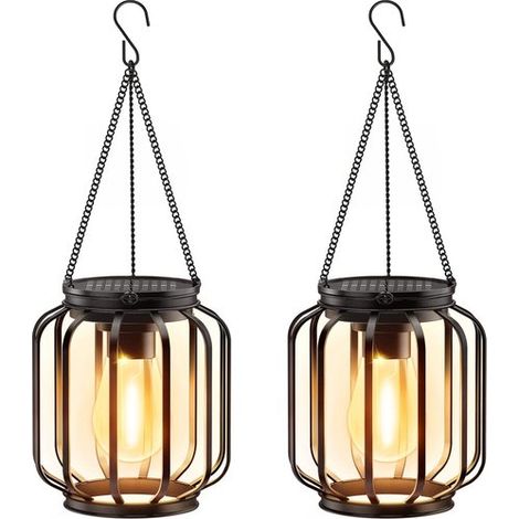 Lot de 2 lanternes solaires – lanterne – lanterne d'extérieur – éclairage décoratif suspendu – 16 x 16 x 34 cm – Noir – Métal noir (1/5)