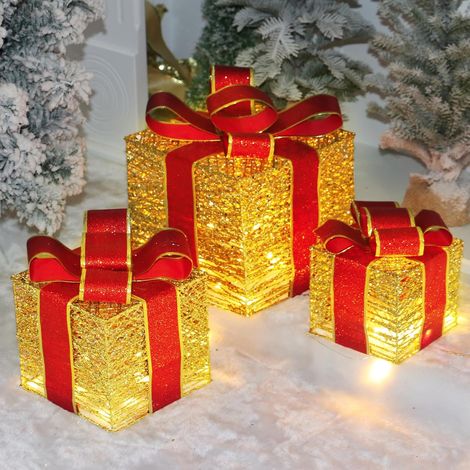 Boîte Cadeaux Lumineuse de Noël, Lot de 3 boîtes Cadeaux Lumineuses pour Décorations de Noël, LED Boîte Cadeaux de Noël avec Noeud, Lumières de Décoration de Noël, pour Décoration d'intérieur (1/5)
