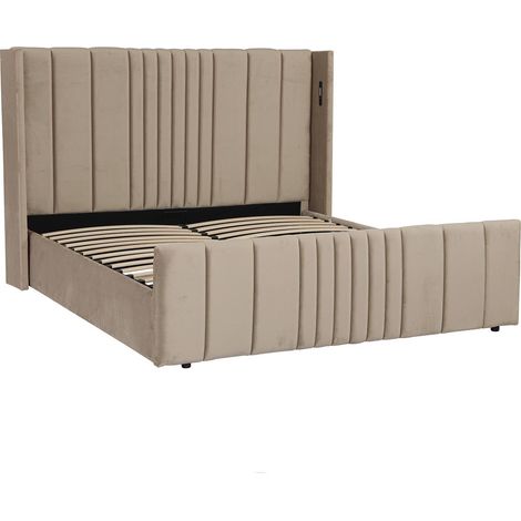 Lit complet avec sommier relevable prises USB et lumières intégrées Line 180x200cm Velours Taupe