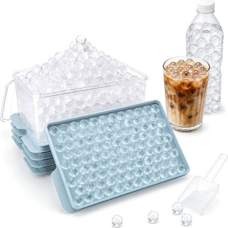 Mini plateau à glaçons, paquet de 4, faire de petites boules de glace de cailloux pour le café, refroidissement rapide, facile à libérer, empilable avec couvercle et boîte de rangement (1/5)