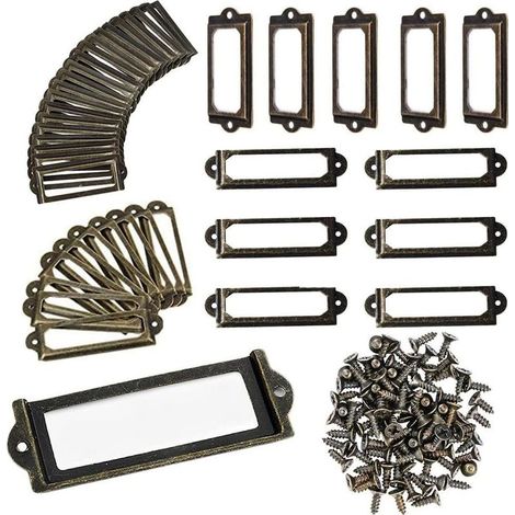 Lot de 30 porte-étiquettes en métal avec vis pour meubles, tiroirs, armoires, cartes, plaques de nom pour bureau, bibliothèque, étagères - Bronze (83x33mm) (1/5)
