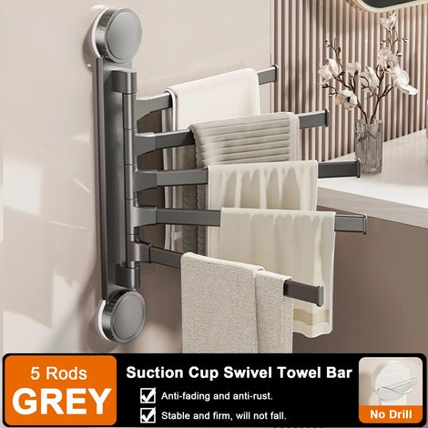 (Gris 5 niveaux - Chine continentale) Porte-serviettes à ventouses rotatif en aluminium, 2/3/4/5 barres, fixation murale pour cuisine et salle de bain. (1/5)