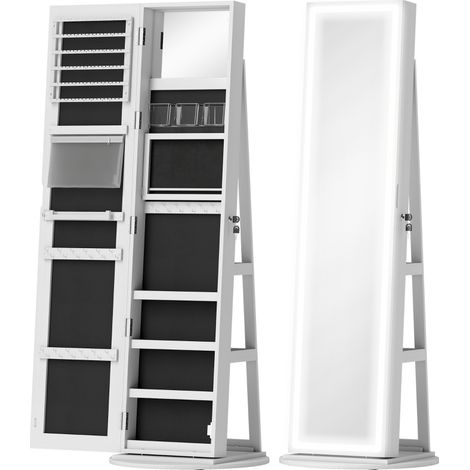 360° Swivel Mirror Jewellery Cabinet with 3 Colour LED Lights, Lockable Jewellery Organiser, Free Standing Full Length Mirror with Storage for Earrings, Necklaces, Rings and Lipsticks, White
