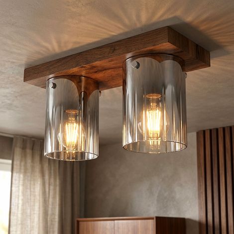 Deckenleuchte Deckenlampe Wohnzimmerlampe Holzoptik Glas Rauchfarbe 2-Flammig (1/5)