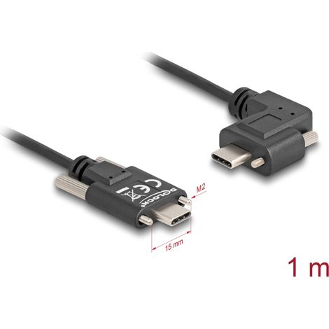 Delock Cable USB 2.0 USB Type-Câ¢ macho con tornillos a USB Type-Câ¢ macho con tornillos acodado a la izquierda / la derecha PD 3.0 60 W 1 m