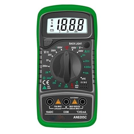 Multimètre numérique portable avec écran LCD rétroéclairé, voltmètre, ampèremètre et ohmmètre. Testeur de circuit et mesure la tension et le courant alternatif et continu. (1/5)
