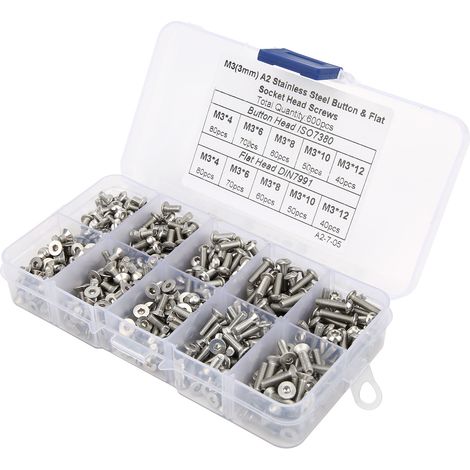 Kit 600 vis hexagonales inox 304, tête bombée/plate, boîte de rangement, accessoires de fixation (1/5)