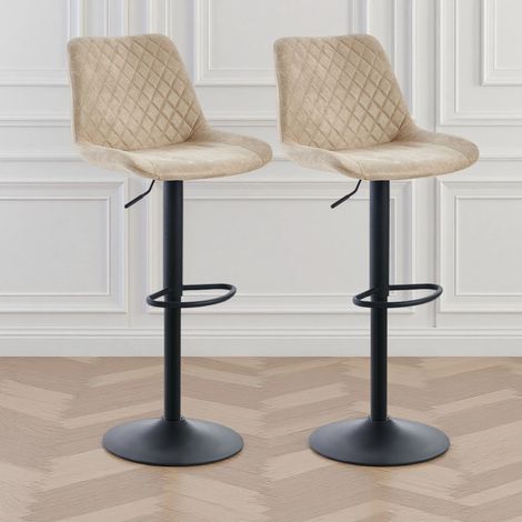 AINPECCA Suede Beige Bar Stools Set of 2 Vintage Swivel Height Adjustable Barstools with Black Metal, Armless Padded Cushion Breakfast Counter Chairs for Kitchen Island, Pub, Restaurant, Café (Beige)