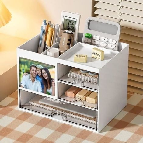 Desk Organizer with Drawer, Storage Box, Plastic Office Supply Organizer for Office, School, Home (1/4)