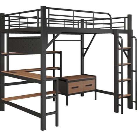 Letto a soppalco 140x200 cm in metallo e MDF nero con scrivania LED USB e contenitori (1/5)