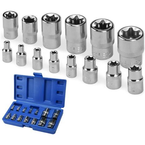 Coffret de 14 douilles, douilles hexagonales E4 – E24 sur rails 1/4", 1/2" et 3/8", douilles en acier au chrome-vanadium, douille hexagonale, étoile