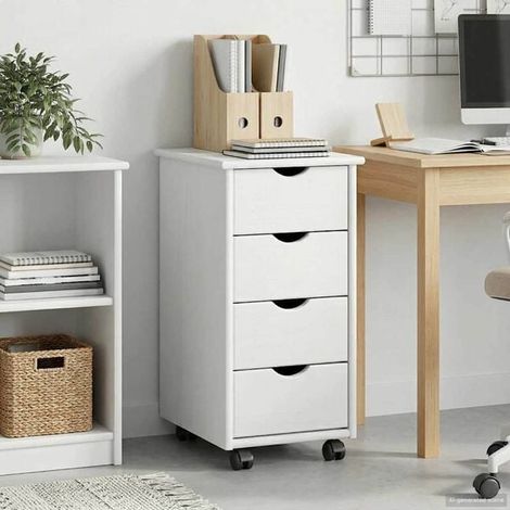 Meuble de Rangement sur Roulettes 34x39x65.5cm, Armoire de Toilette en Bois de Pin Massif Blanc, Caisson Mobile avec Tiroirs pour Salle de Bain, Cuisine ou Bureau (1/5)