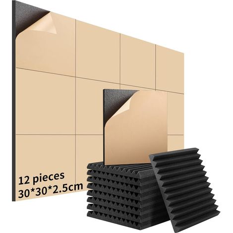 Lot de 12 panneaux acoustiques autocollants 30x30x2.5cm – Haute densité ignifuge – Absorption sonore pour studios et bureaux