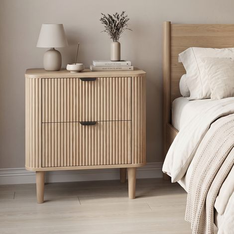 Table de chevet chêne rainuré, 2 tiroirs, courbes, scandinave (1/5)