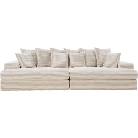 Concept-Usine – Canapé droit 4 places en velours côtelé beige – Assise profonde 115 cm – Structure en bois massif – Coussins déhoussables et lavables